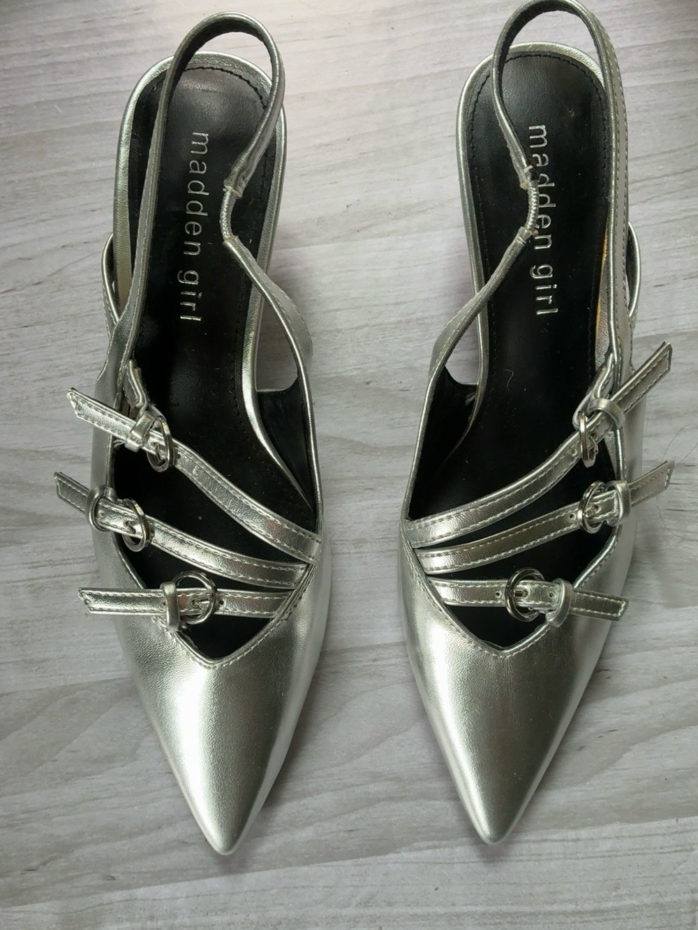 Madden Girl Silver Pointed Slingback Heels with Triple Buckle Straps